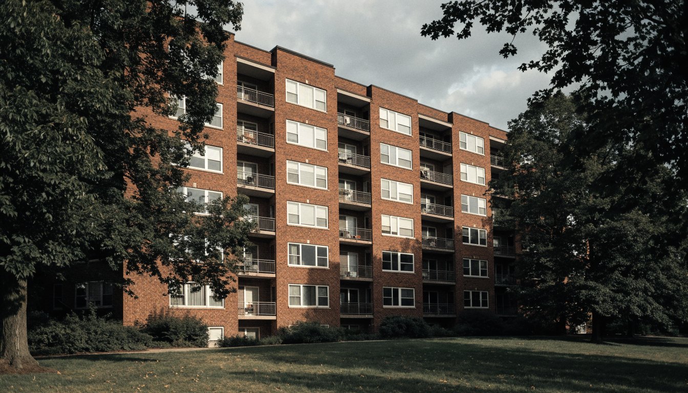 A 1980s brick mid-rise residential building set back behind mature trees