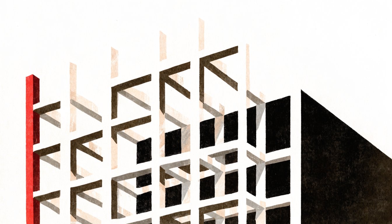 Abstract editorial illustration of a scaffold frame around a solid block