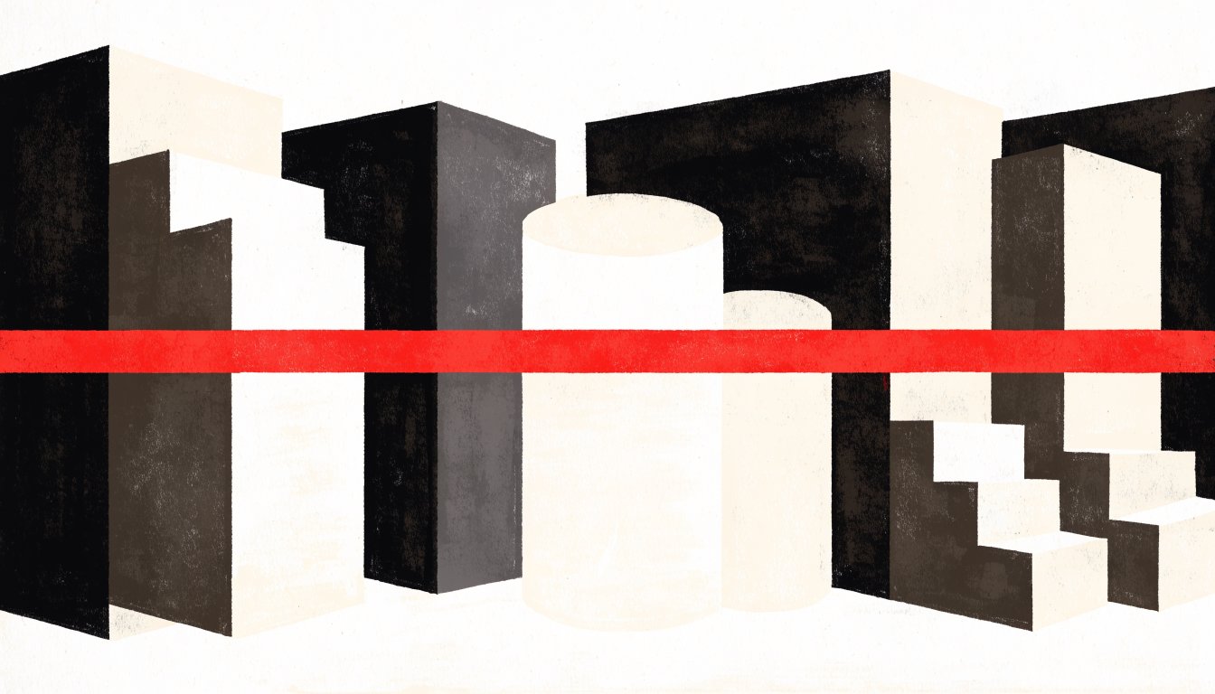 Abstract editorial illustration of blocks behind a solid red barrier bar