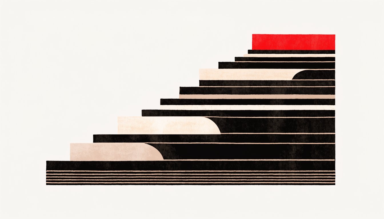 Abstract editorial illustration of stacked slabs rising with a red top layer