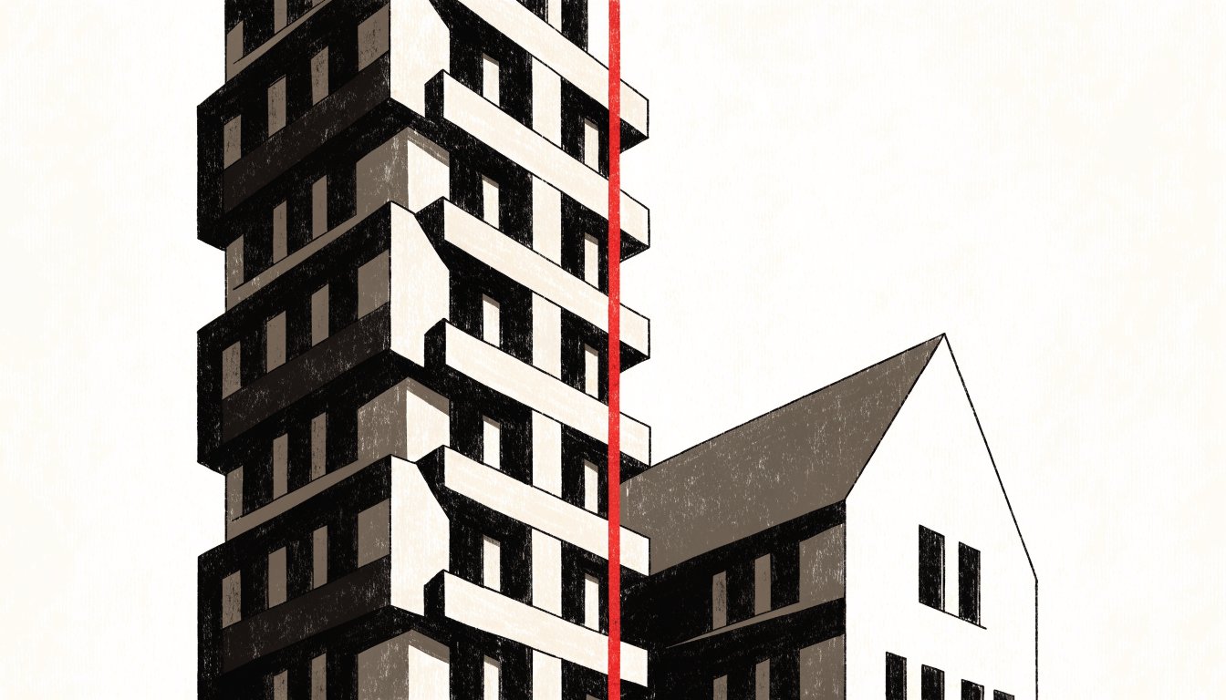 Abstract editorial illustration of a tower and a house split by a red line
