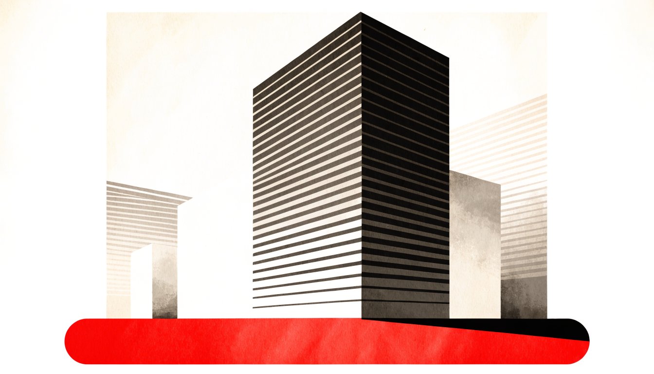 Abstract editorial illustration of a tower on a broad red communal plinth