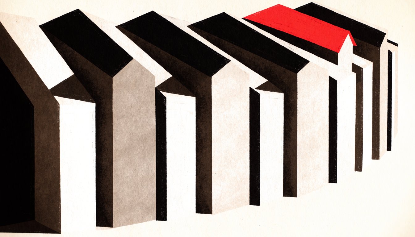 Abstract editorial illustration of a gently curving terrace of units