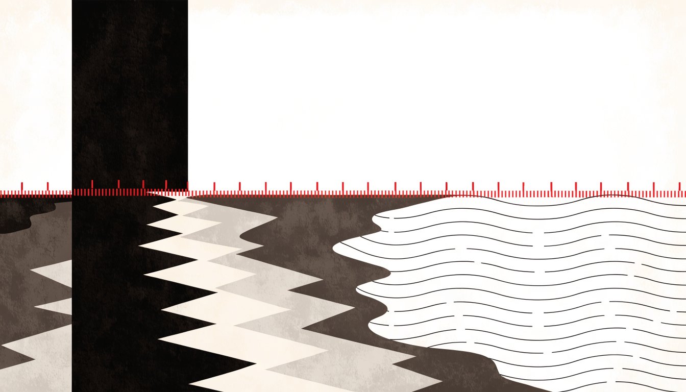 Abstract editorial illustration of a red measuring rule between a block and water