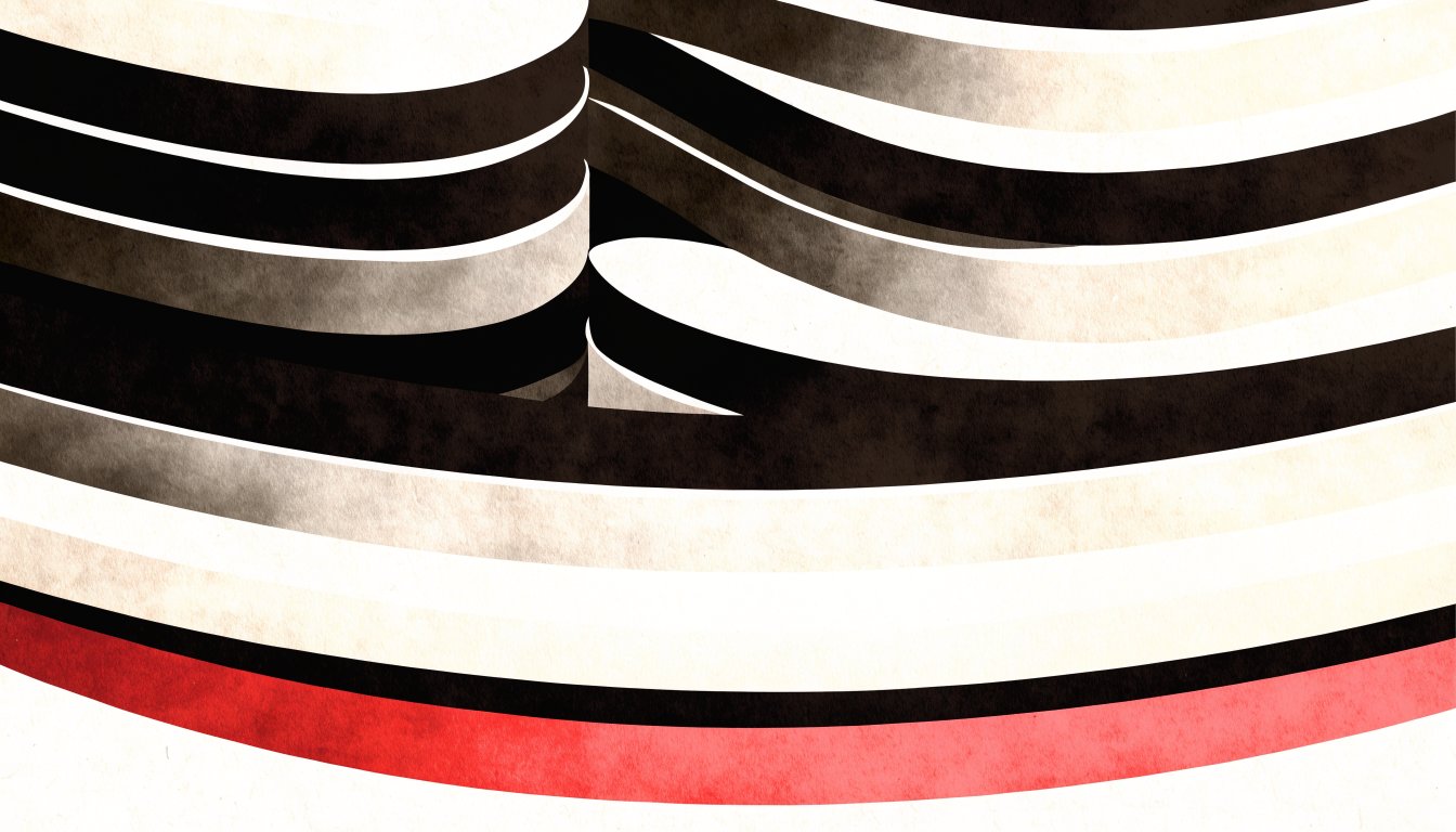 Abstract editorial illustration of stacked strata plates with a red base layer