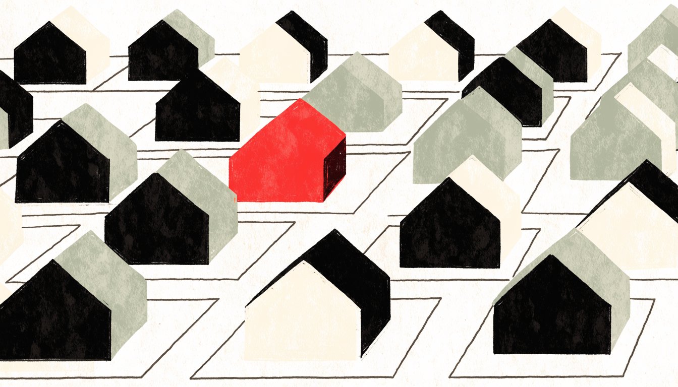 Abstract editorial illustration of detached house forms on plot outlines