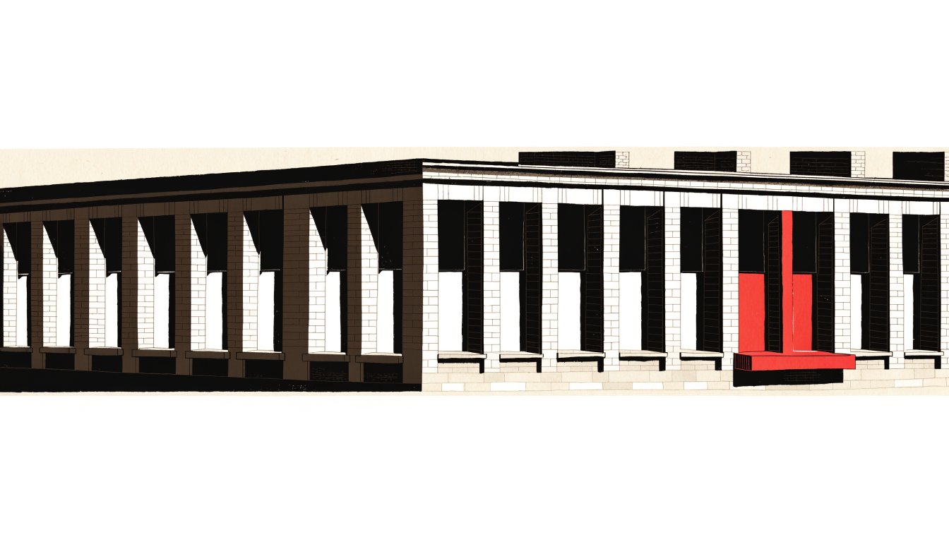 Abstract editorial illustration of a low mass with tall rectangular openings