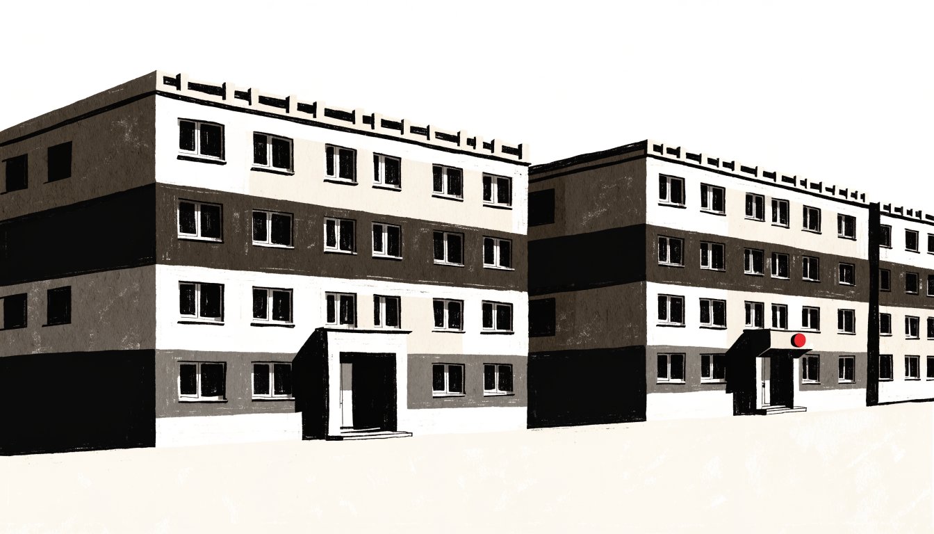 Abstract editorial illustration of two modest low-rise blocks side by side