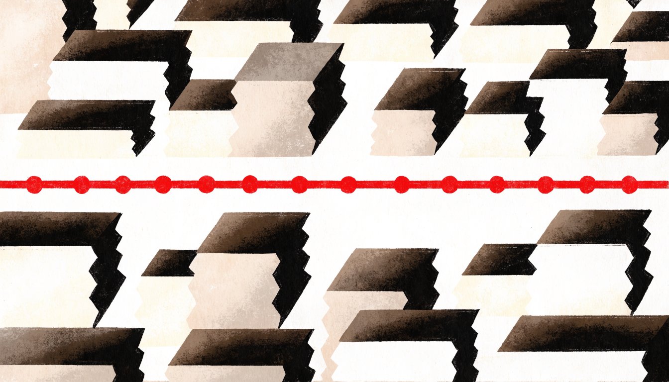 Abstract editorial illustration of a red transit line with station nodes