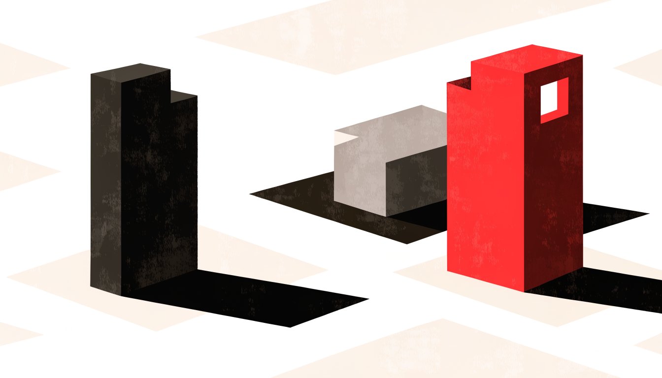 Abstract editorial illustration of three separate blocks of differing height
