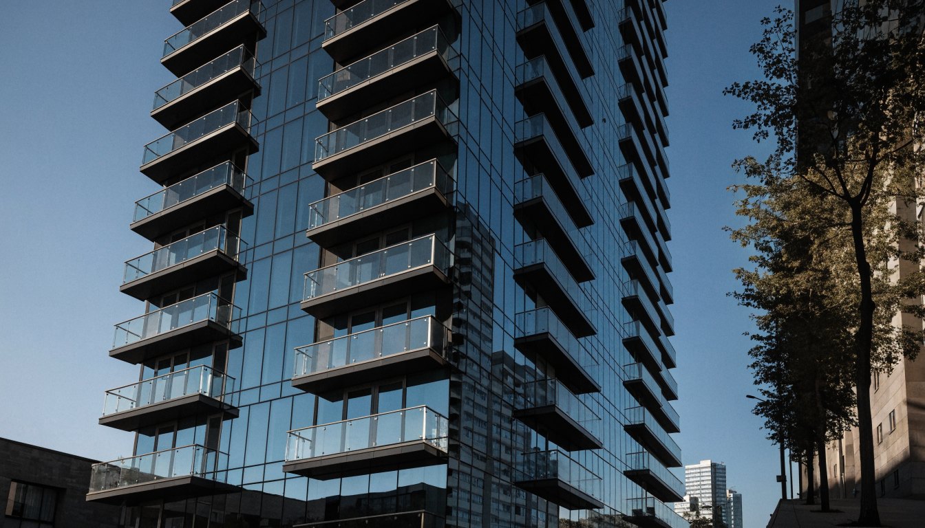 A modern glass condominium tower with balconies viewed from street level