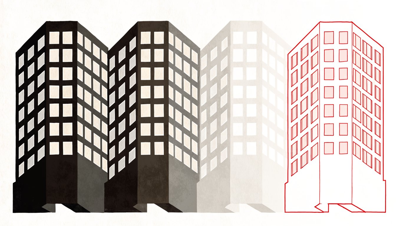 Abstract editorial illustration of solid slabs beside one red outlined slab