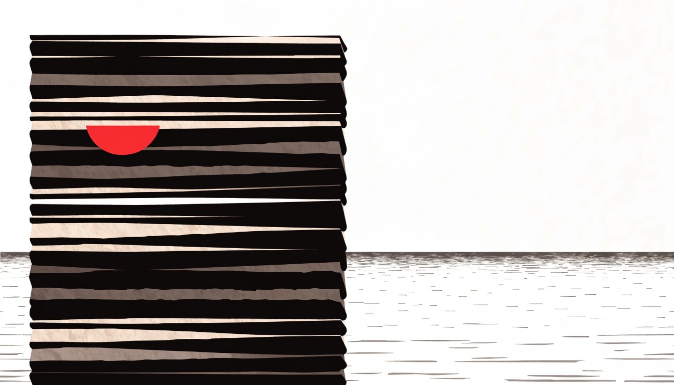 Abstract editorial illustration of a banded slab beside a flat water band