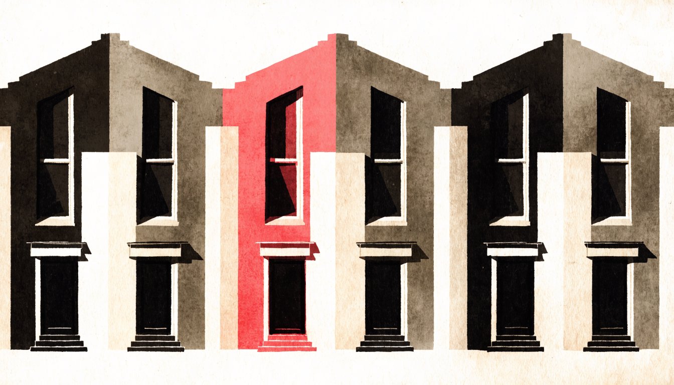 Abstract editorial illustration of a symmetrical row of mirrored unit pairs