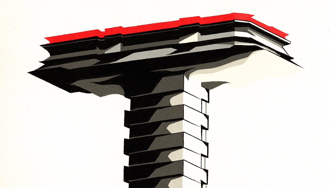 Abstract editorial illustration of a broad volume crowning a slender tower