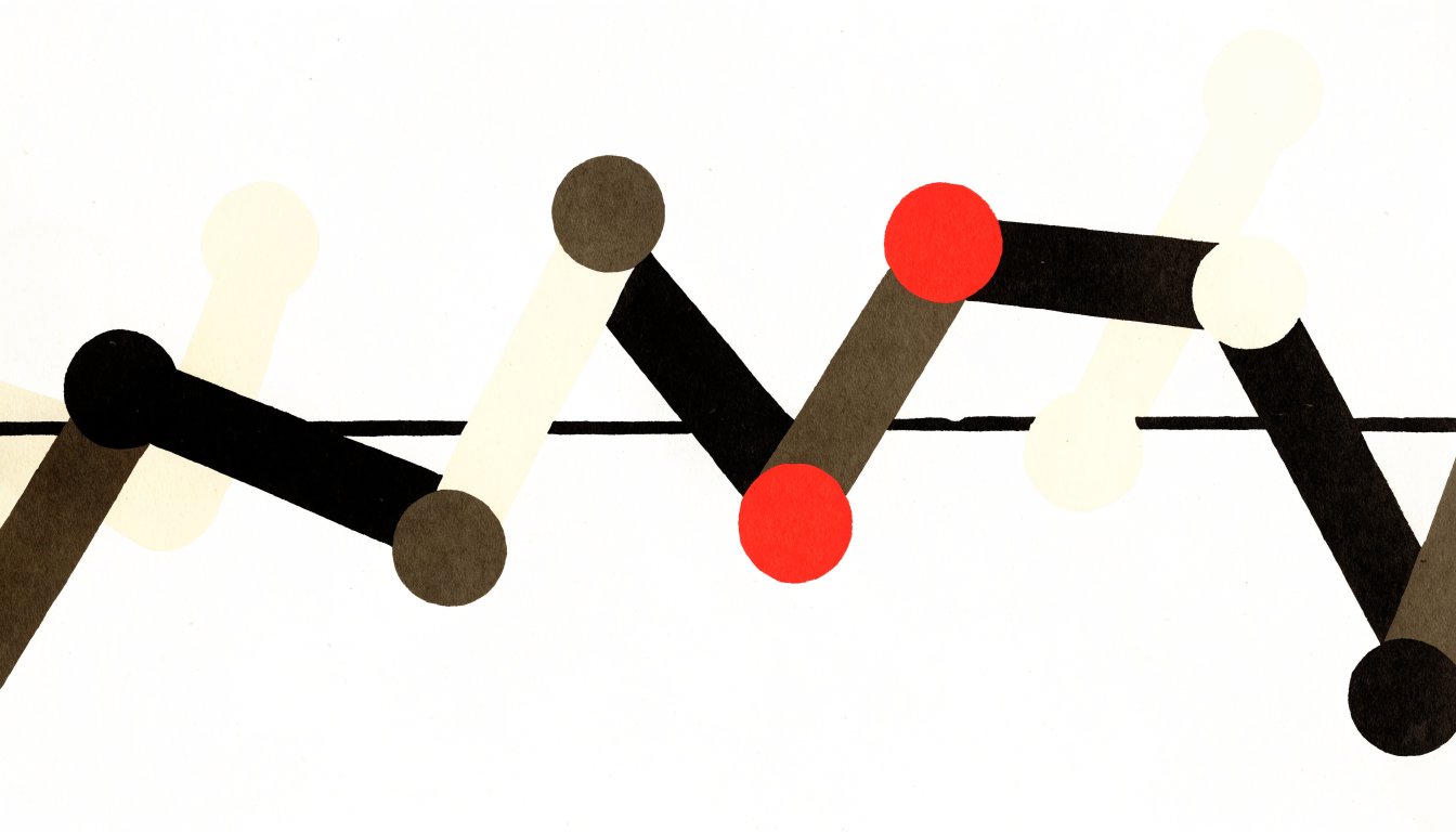 Abstract editorial illustration of a segmented line chart with a red node