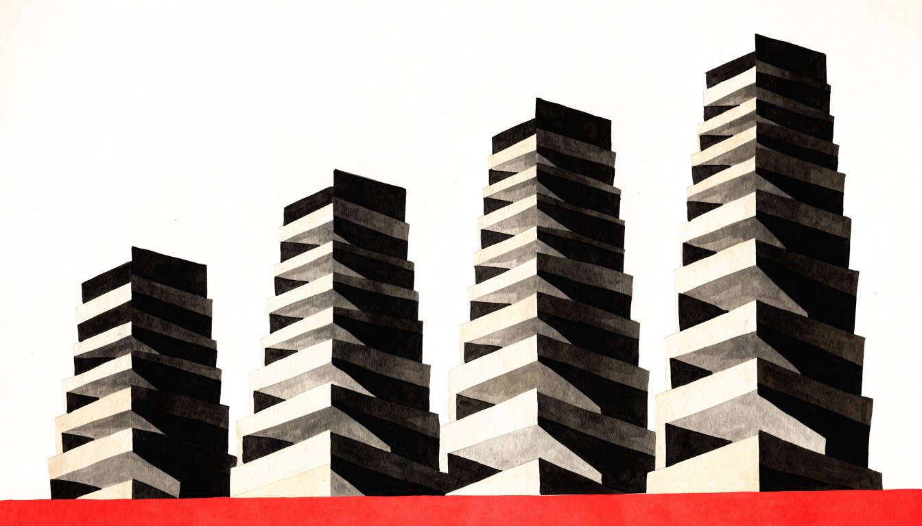 Abstract editorial illustration of four vertical forms of stepped height with a red base band