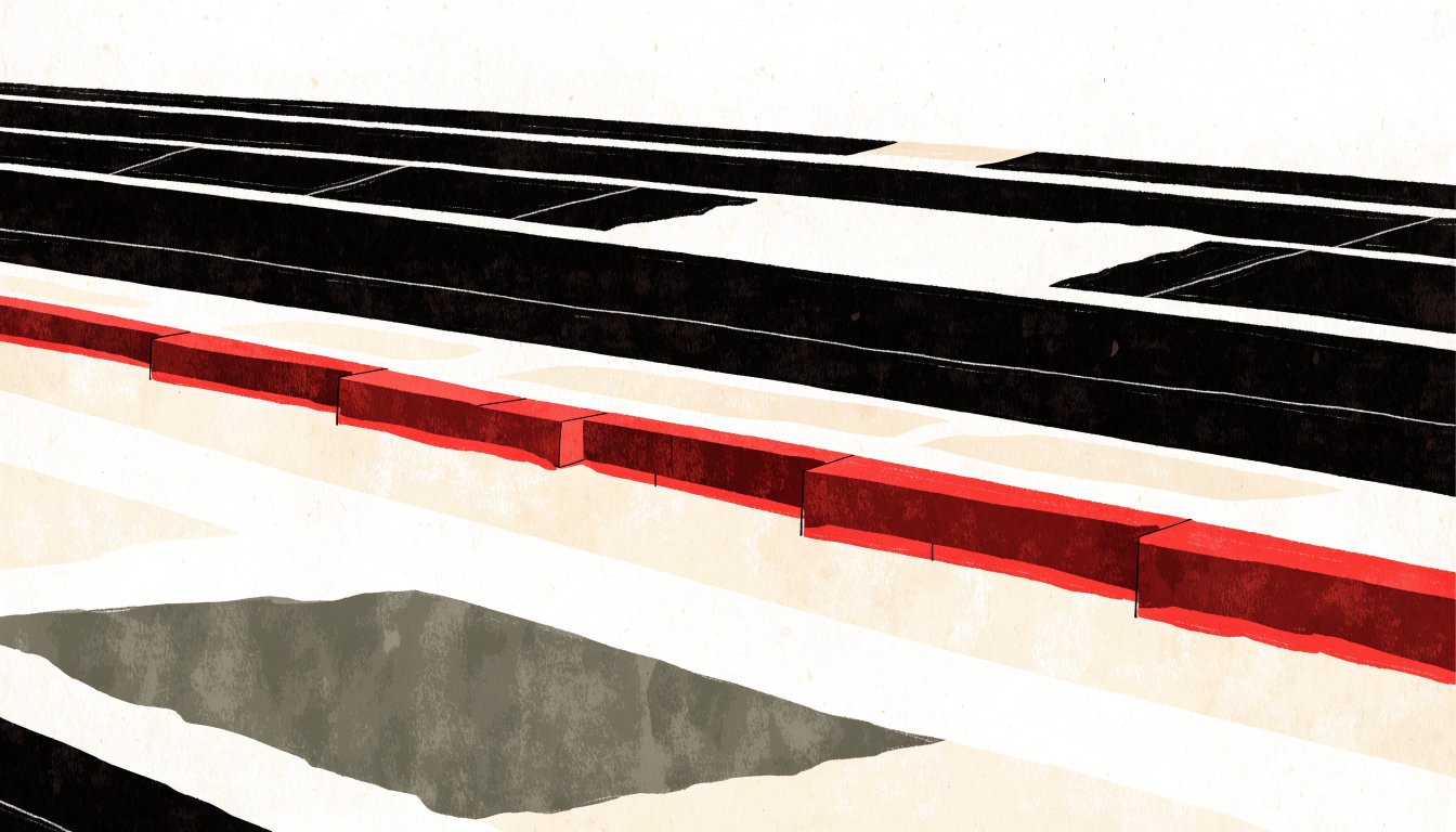 Abstract editorial illustration of two parallel bands separated by a raised red divider form
