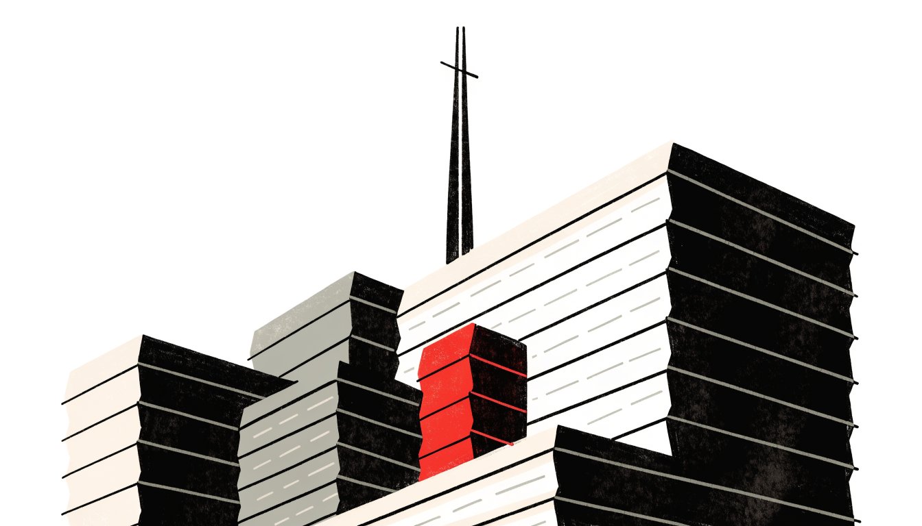 Abstract editorial illustration of a broken massing of stacked blocks in charcoal and bone tones
