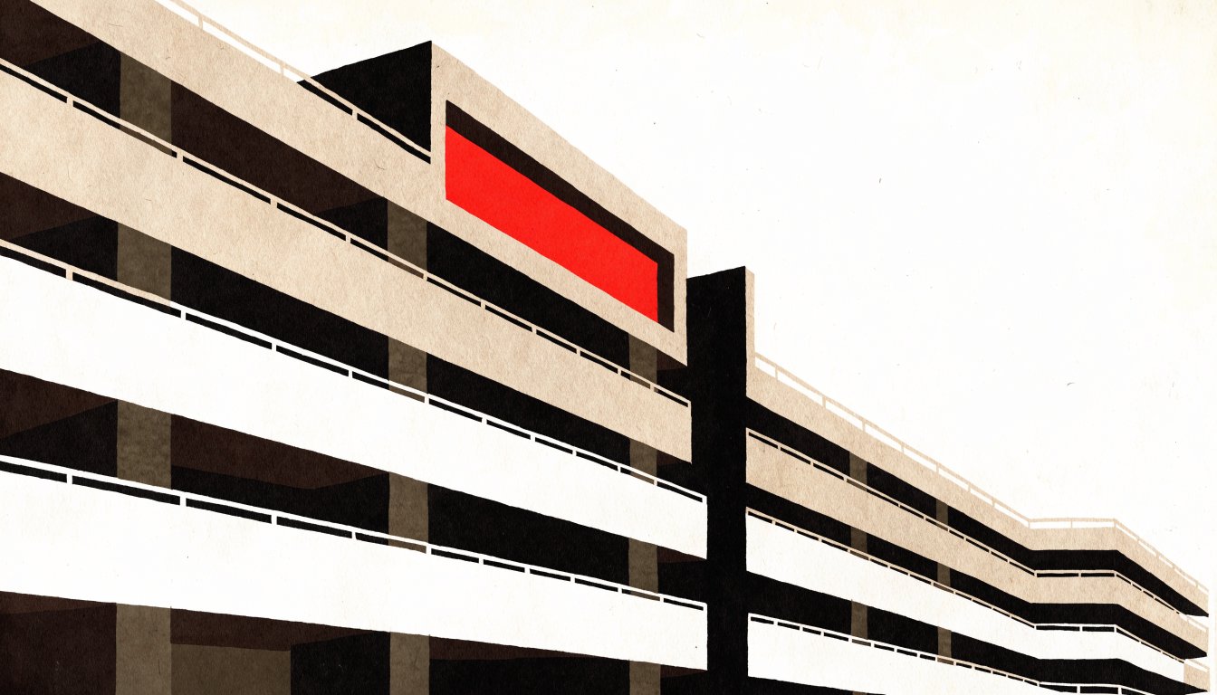 Abstract editorial illustration of a low-rise residential block stepping along a wide street