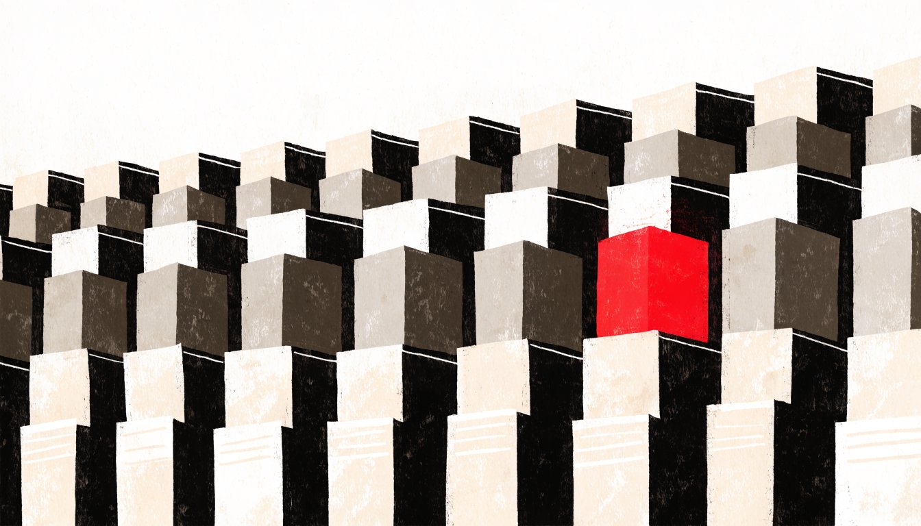 Abstract editorial illustration of a repeating grid of blocks receding along a horizontal band