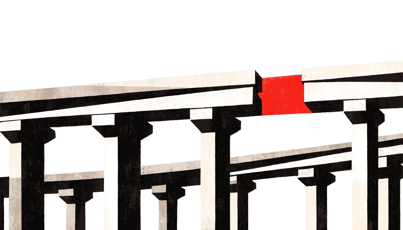Abstract editorial illustration of a severed horizontal band with an interrupting red block