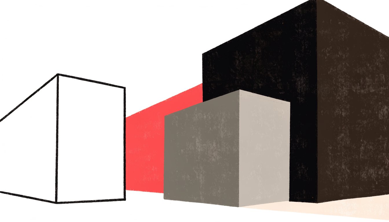 Abstract editorial illustration of stacked rectangular volumes with a single red accent bar