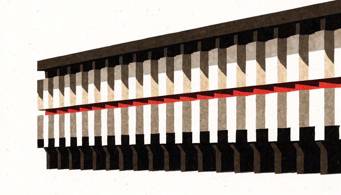 Abstract editorial illustration of a compact horizontal block with deep shadow banding