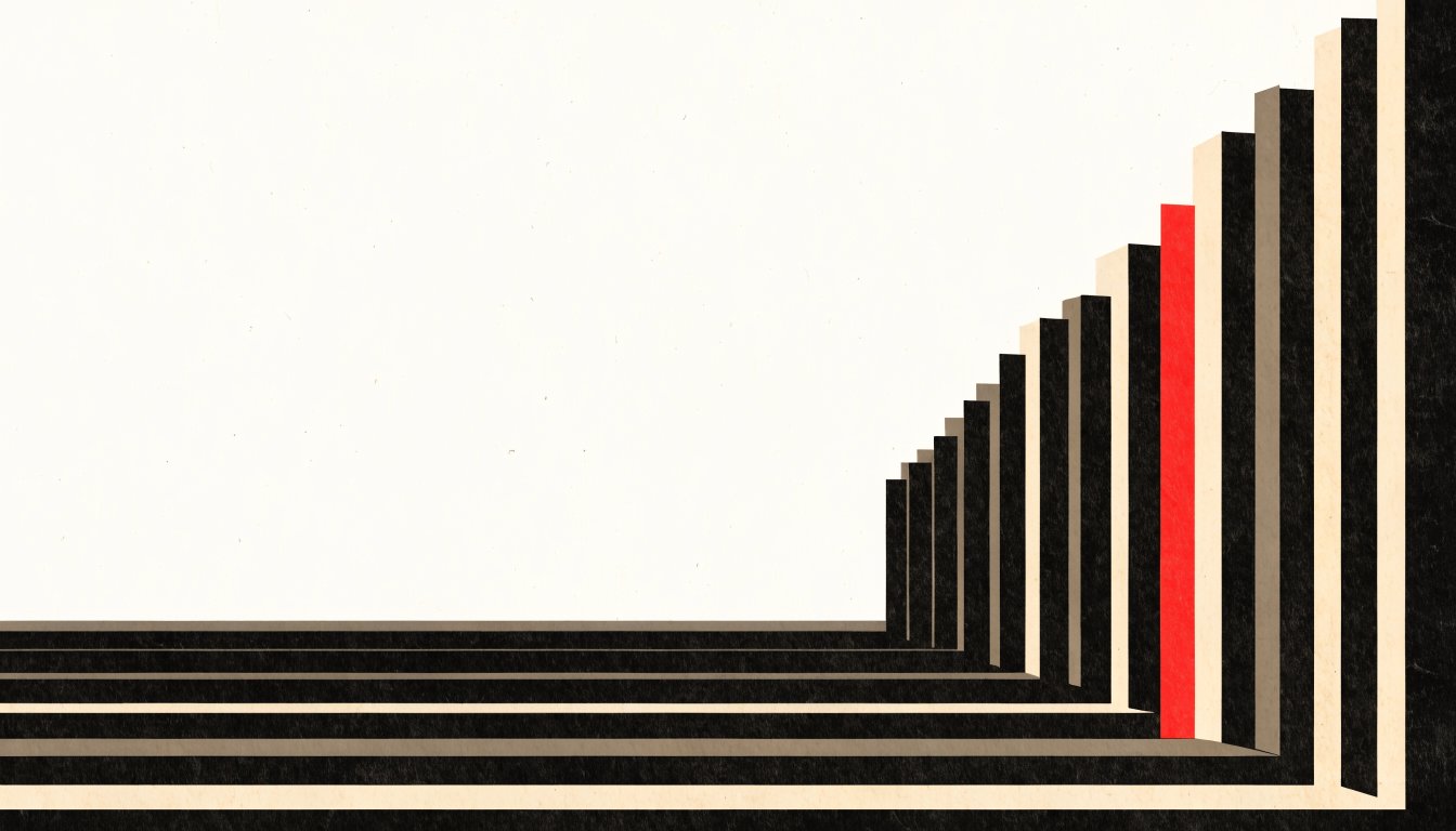 Abstract editorial illustration of a wide low form dissolving into a row of tall vertical bars
