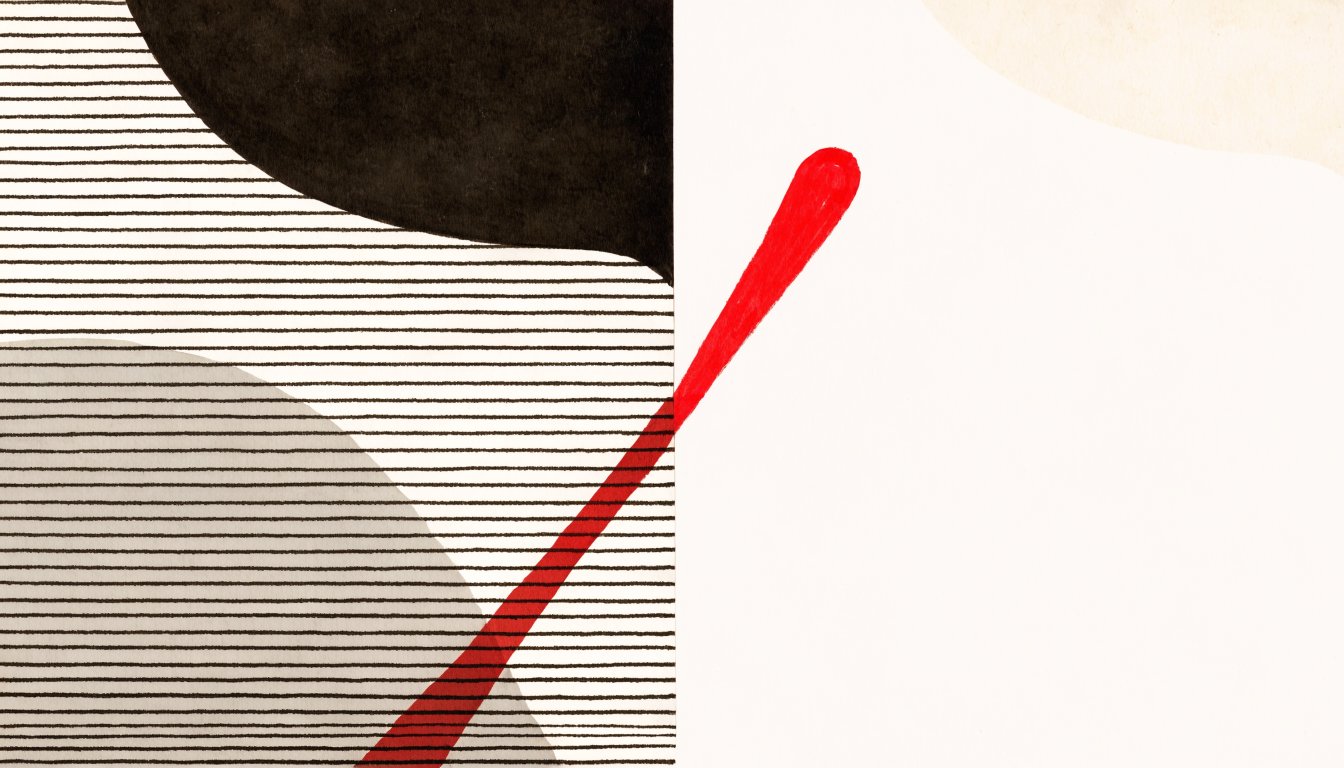 Abstract editorial illustration of two contrasting bar forms in charcoal and signal red