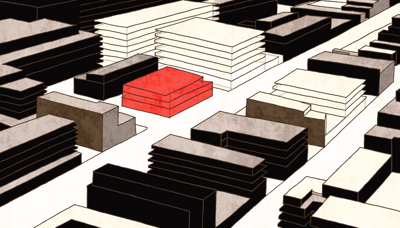 Abstract editorial illustration of a cluster of tall and short blocks around an open plaza form