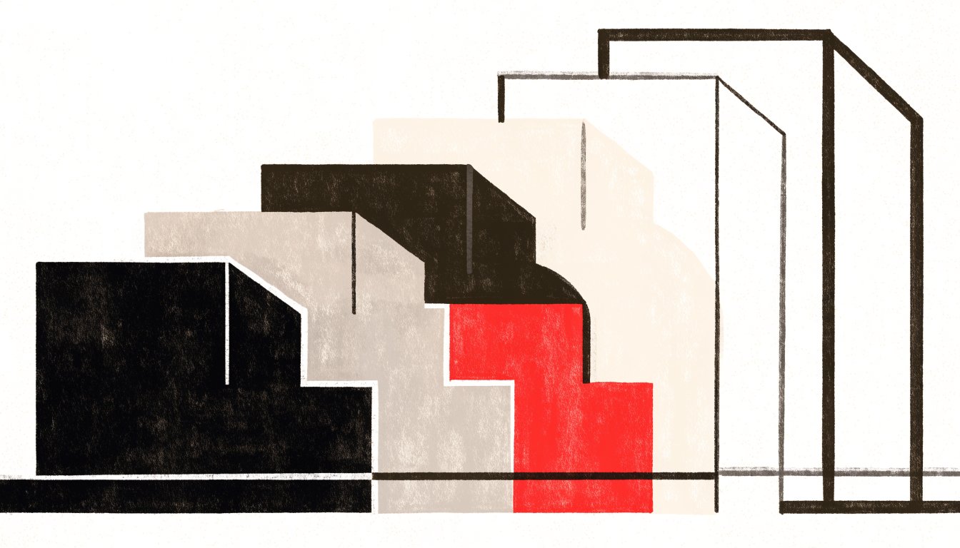 Abstract editorial illustration of ascending block forms of varying scale along a baseline