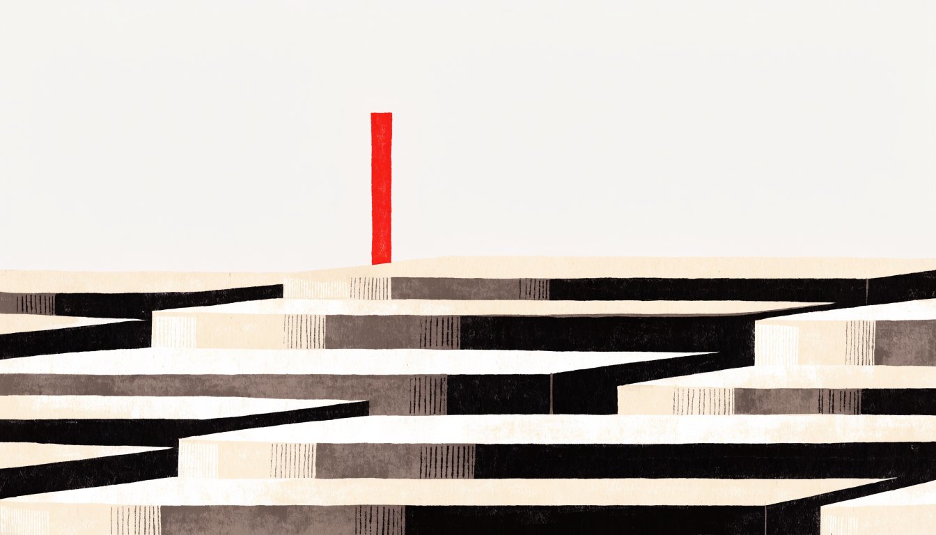 Abstract editorial illustration of a row of low wide forms with one tall red marker