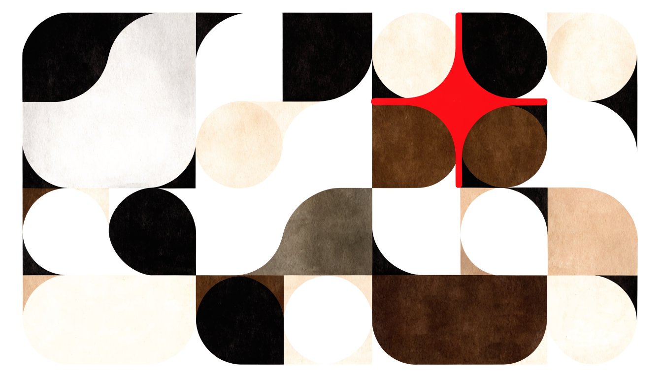 Abstract editorial illustration of interlocking rounded and square forms in stone and red