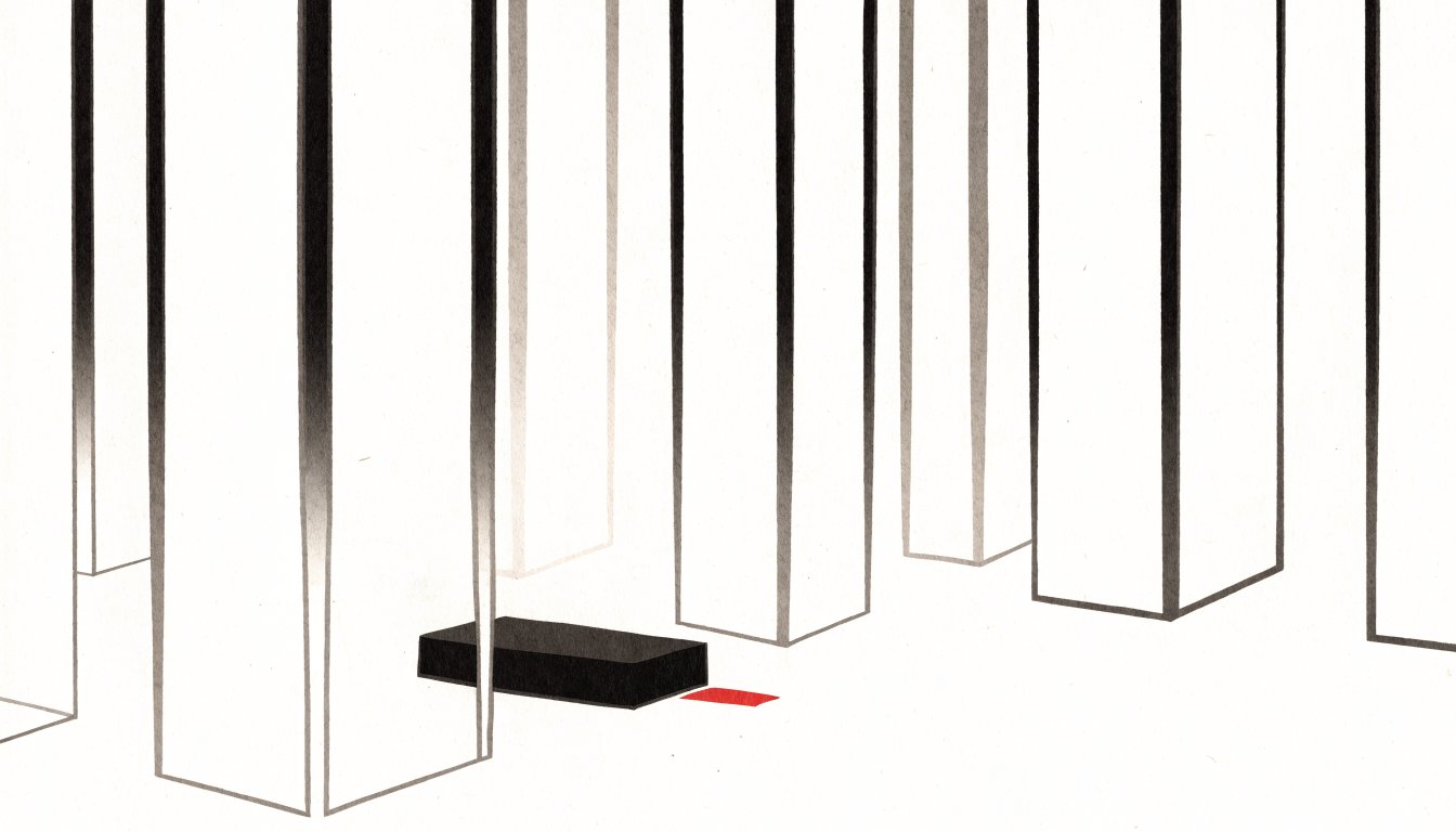 Abstract editorial illustration of outlined block forms fading into a flat empty ground plane