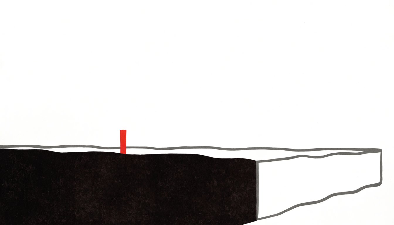 Abstract editorial illustration of a long horizontal platform form under an open sky field