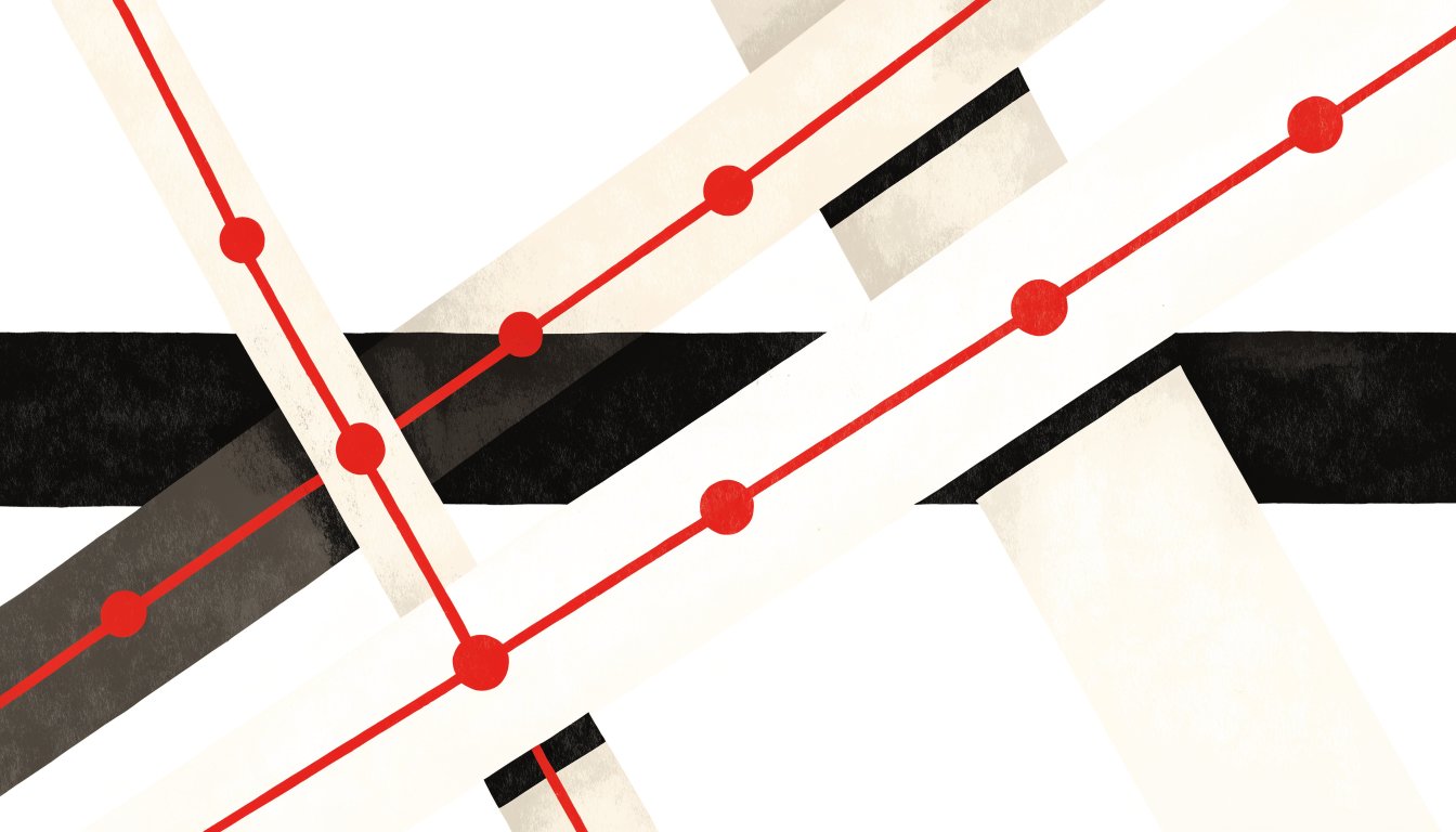 Abstract editorial illustration of intersecting horizontal lines with one red route line