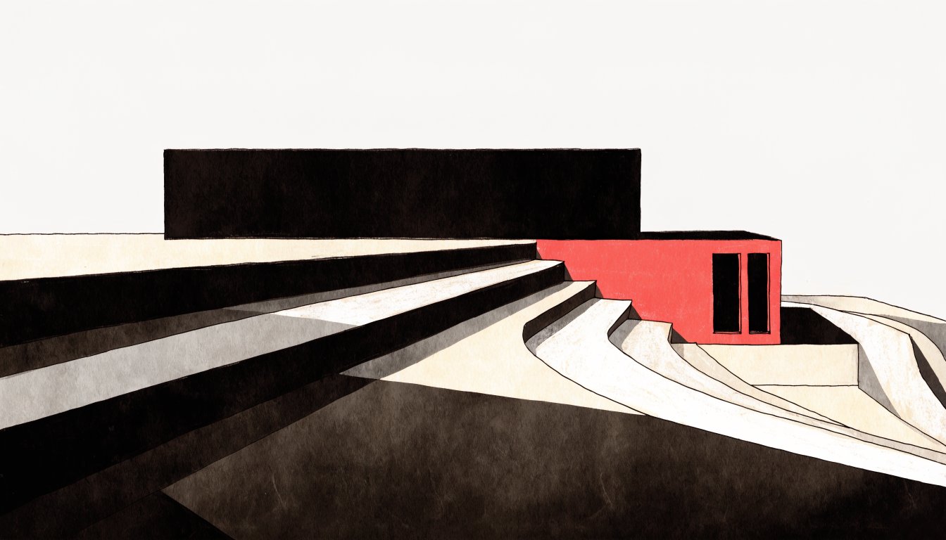 Abstract editorial illustration of a block on ground stepping away behind it