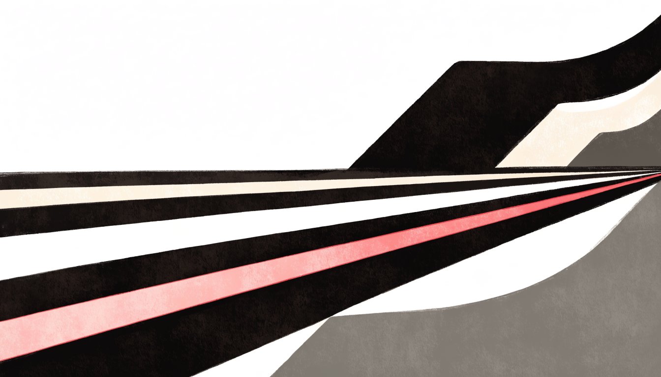 Abstract editorial illustration of a road narrowing from four lanes to two