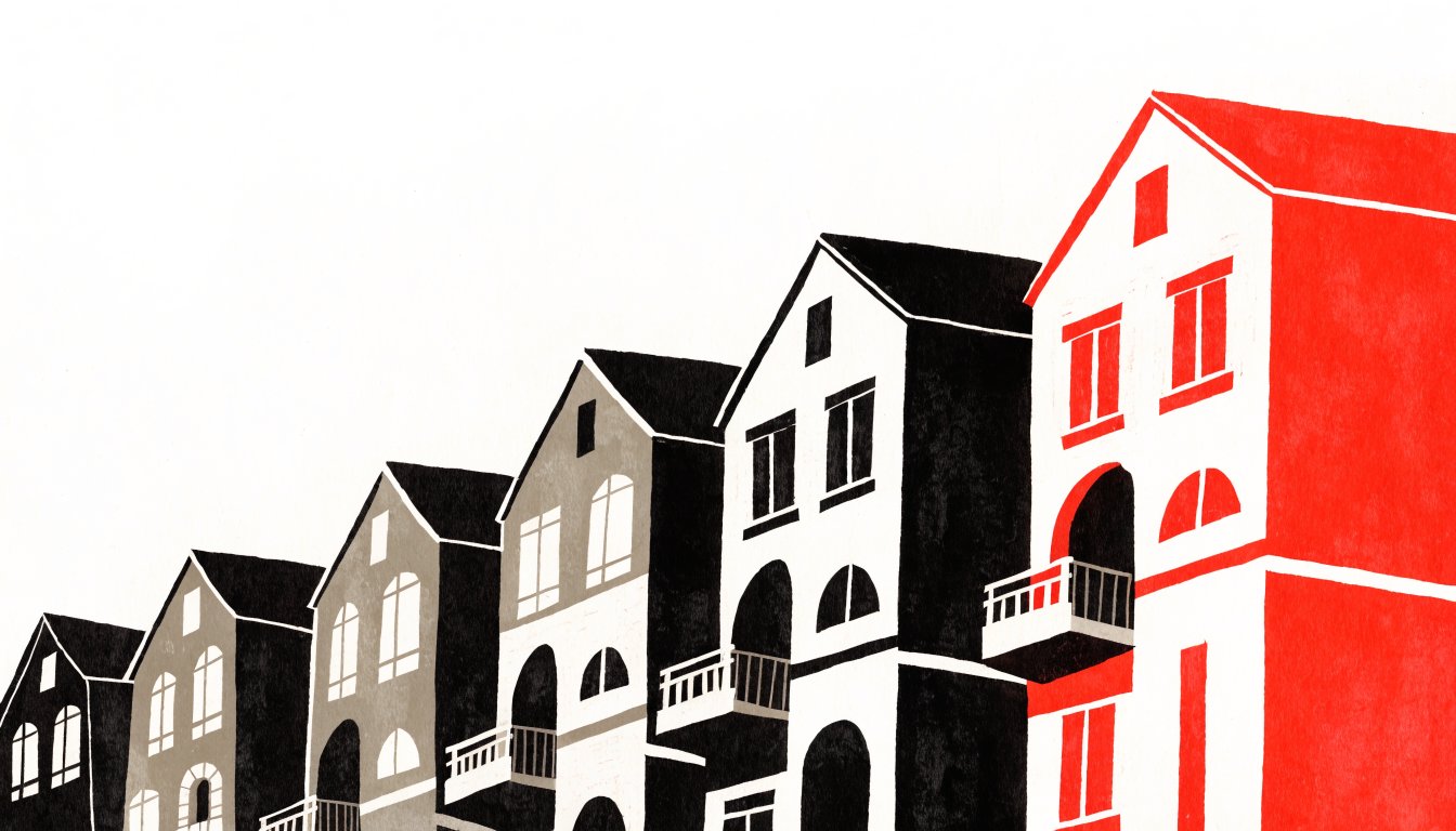 Abstract editorial illustration of townhouse units stepping up a slope