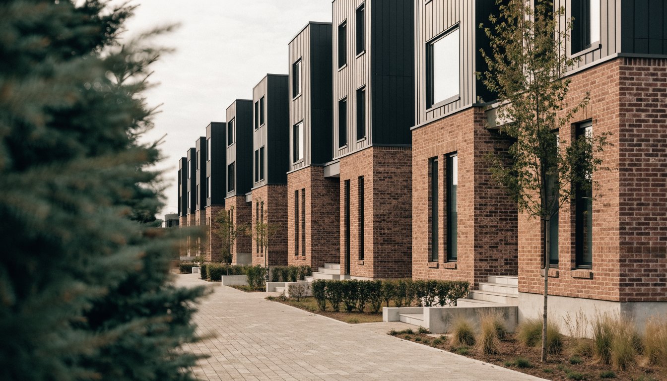 A row of modern stacked townhouses with private entrances, typical of Etobicoke townhome condominium corporations