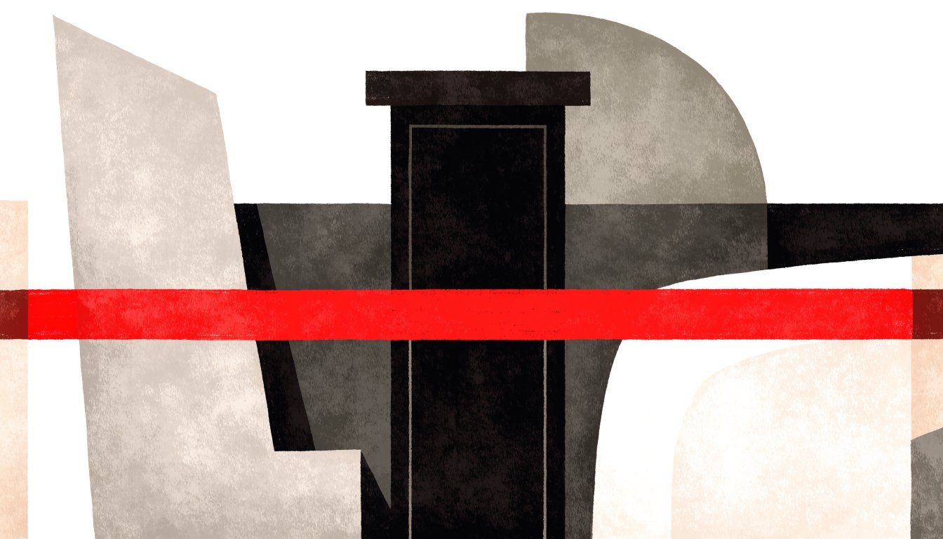 Abstract editorial illustration of a doorway crossed by a red bar