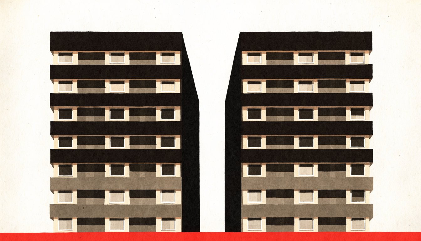 Abstract editorial illustration of two identical slabs side by side