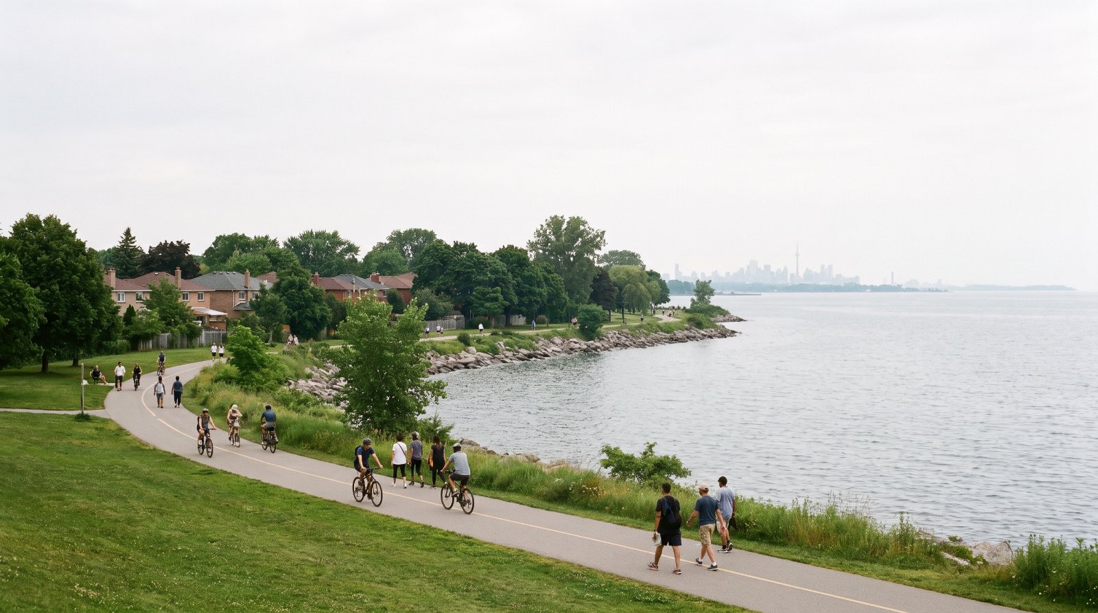 Open Lake Ontario shoreline parkland and waterfront trail in Lakeview, Mississauga
