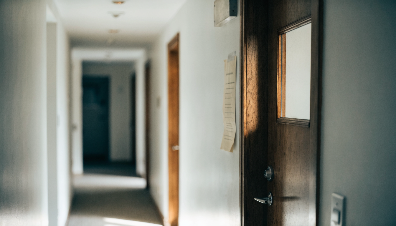 The front door of a Toronto apartment unit seen from the corridor, with a printed notice taped beside the doorframe