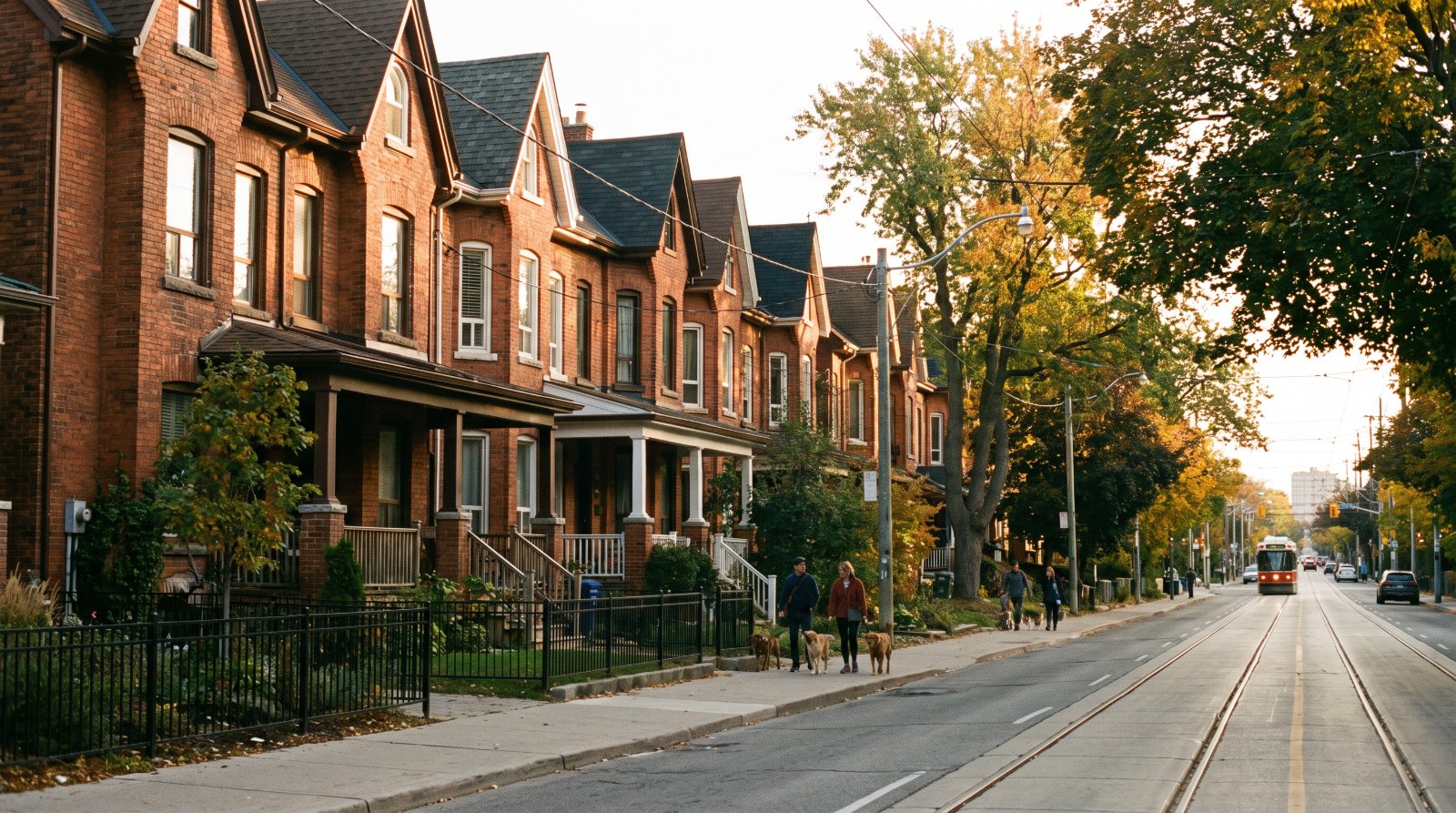 A row of Victorian brick semi-detached houses on a narrow street in Leslieville, east-end Toronto