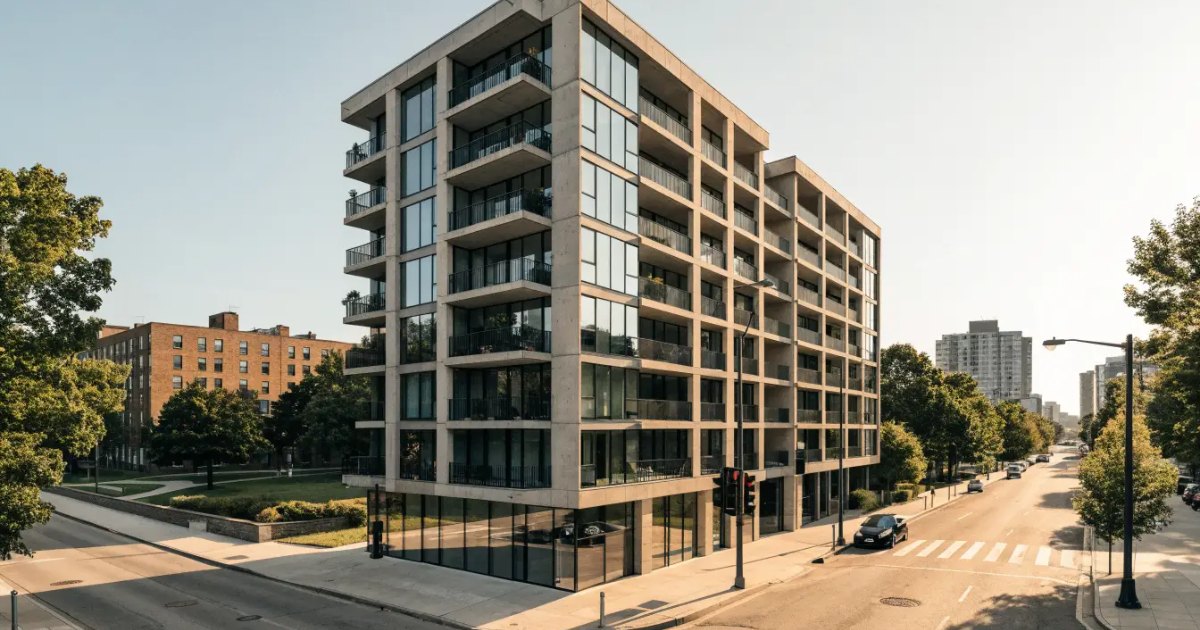 A mid-rise Etobicoke condominium building on a street corner with parking along the roadside