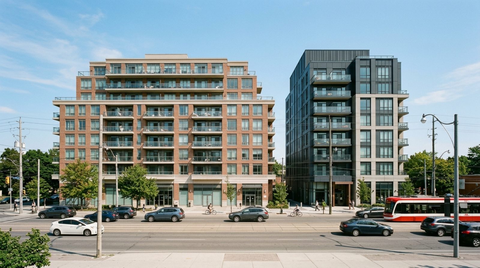 Two adjacent mid-rise condominium buildings of similar height on a wide Toronto arterial road