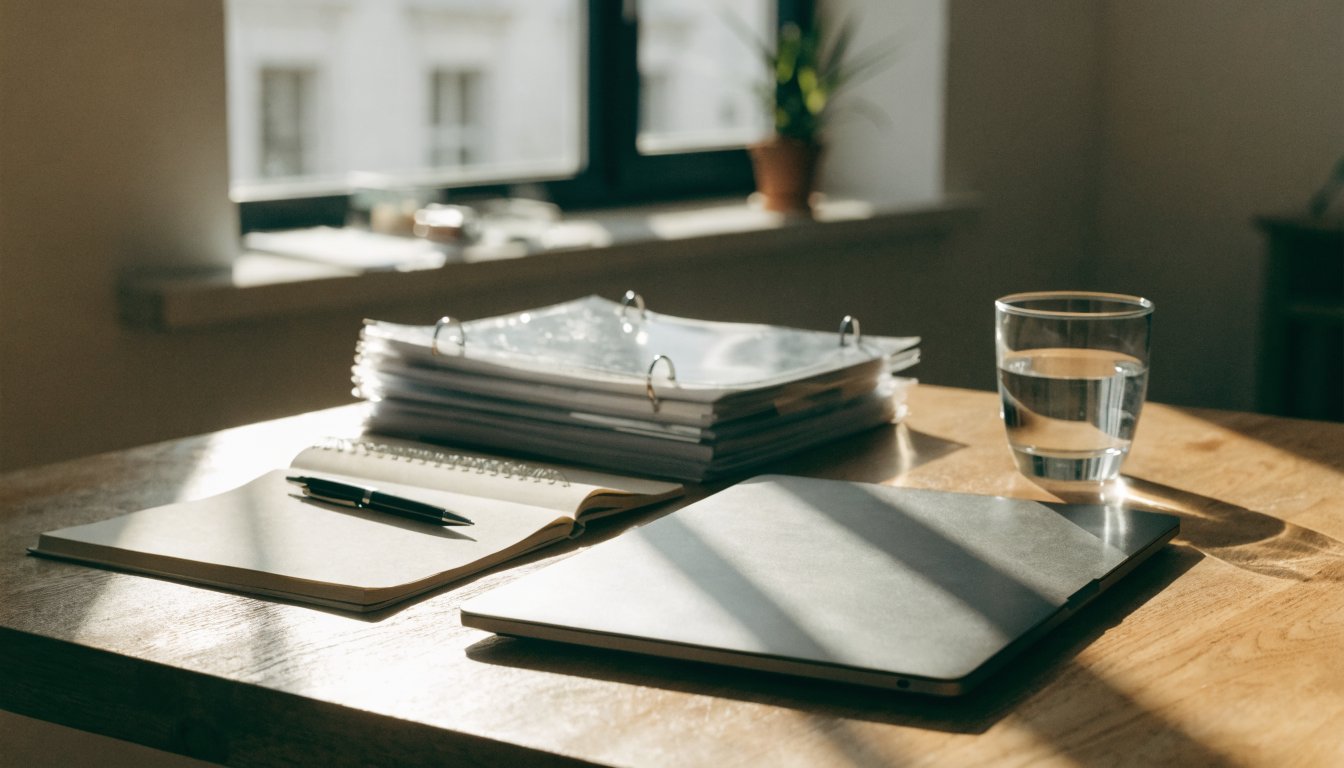 Desk prepared for a Landlord and Tenant Board video hearing (illustrative)