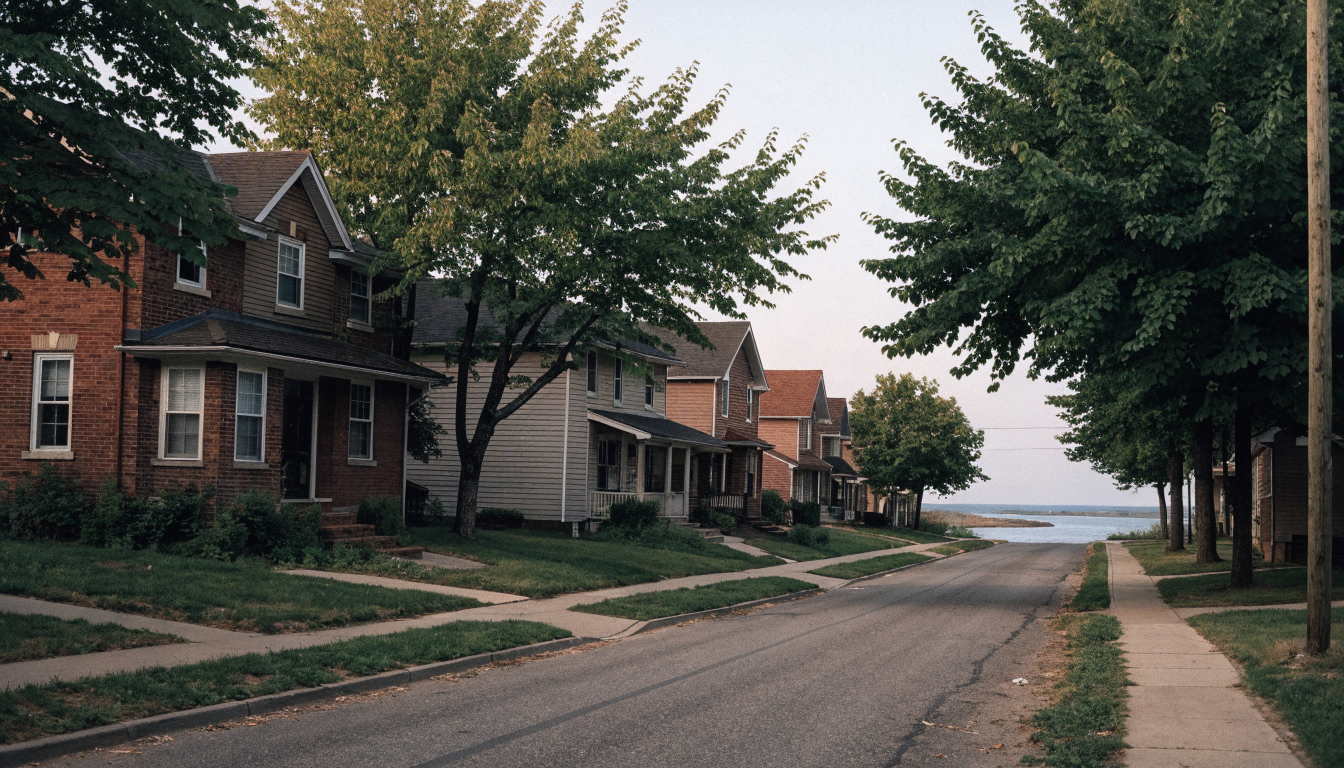 A quiet post-war residential street of low-rise detached houses in south Etobicoke, with Lake Ontario visible at the end of the road